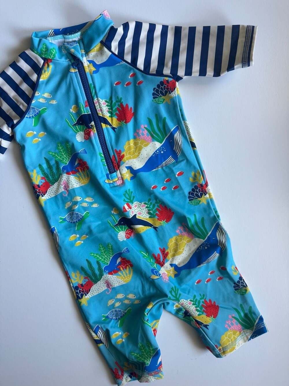 Baby Boden Blue Sea Life Print Zip-Up Swimsuit 6-9M - Picture 2 of 4
